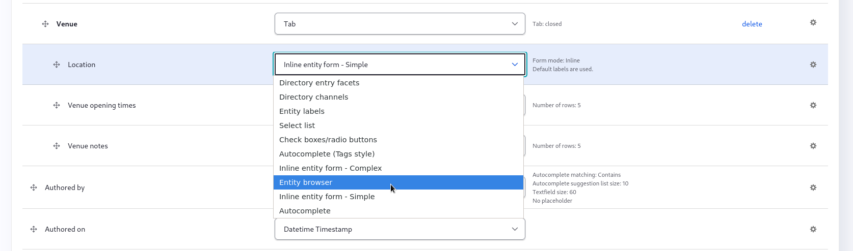 Drop down selecting the Entity Browser for the widget for Location field